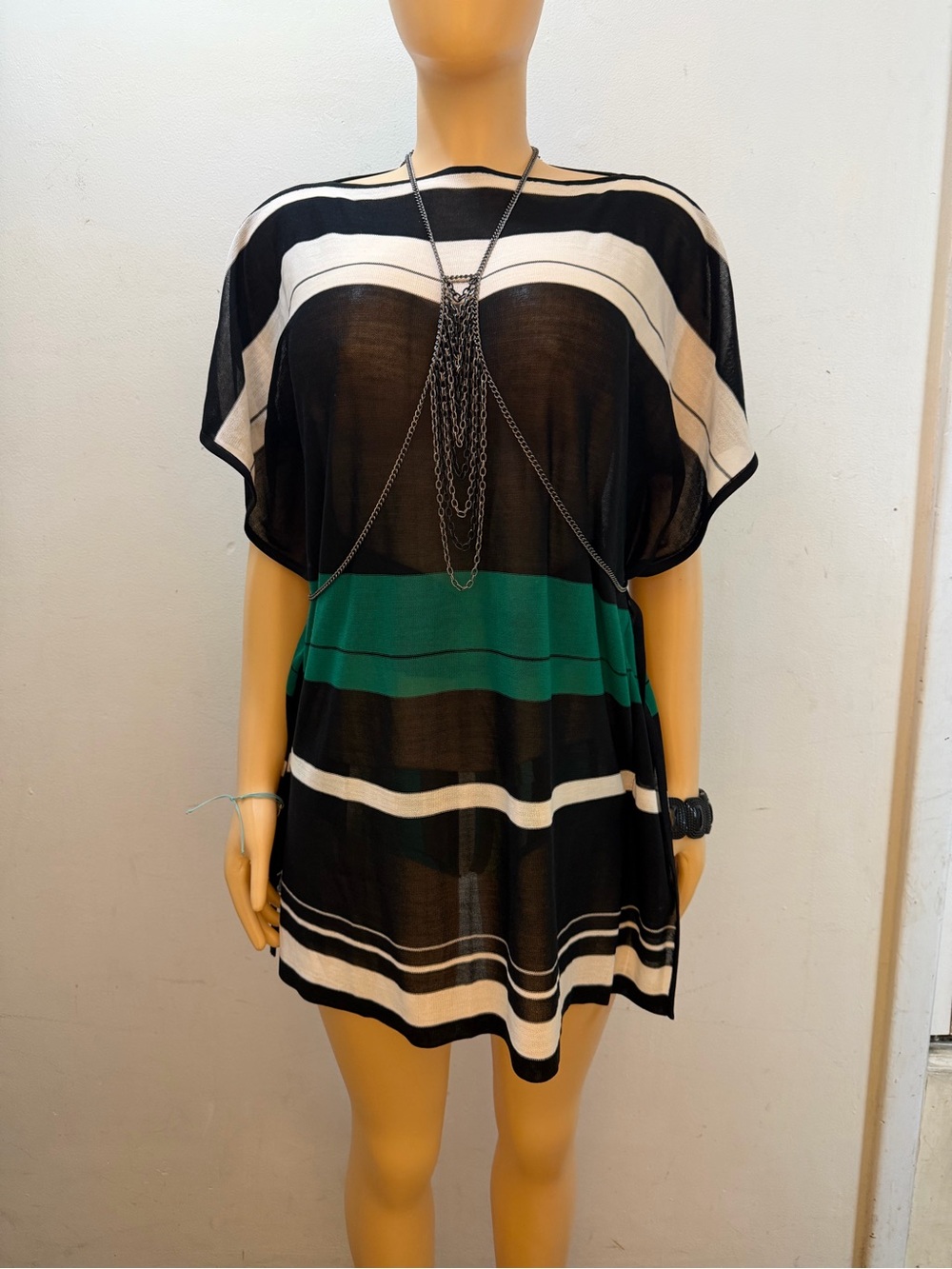 Misook Black, White & Green Striped Tunic